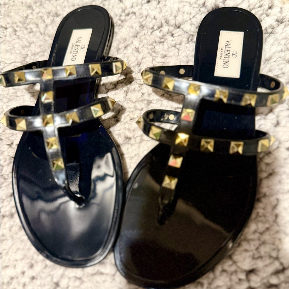 Valentino Garavani Black Sandals with Gold Accents